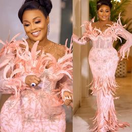 Aso Ebi Pink Arabic Mermaid Prom Dresses Feather Beaded Luxurious Evening Formal Party Second Reception Birthday Engagement Gowns Dress ZJ