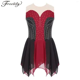 Girl Dresses Kid Girls Figure Skating Dress Lyrical Modern Leotard Dance Lace Asymmetric Rhinestone Sleeveless Dancewear For Perfomance