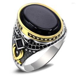 Cluster Rings Natural Black Agate Stone Paired With 925 Sterling Silver Men's Ring Set Design Punk Style Girl Jewelry