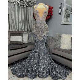 Aso Ebi Sier Arabic Mermaid Prom Dress Beaded Crystals Sexy Evening Formal Party Second Reception Birthday Engagement Dresses Gowns Robe De Soiree es