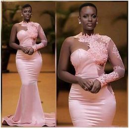 African Nigerian Black Girls Pink Mermaid Evening Dresses One Shoulder Long Sleeve Prom Dress Formal Dress Evening Gowns Abendklei6982612
