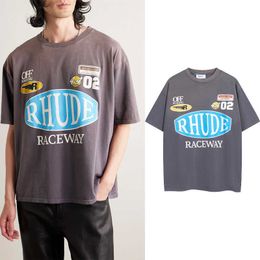 New color scheme RHUDE slogan badge letter print high street men and women couple loose short sleeved T-shirt trend