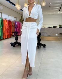 Work Dresses Women Two Pieces Set 2024 Summer Deep V Neck Twisted Long Sleeve Crop Top & High Waist Draped Slit Skirt Fashion Streetwear