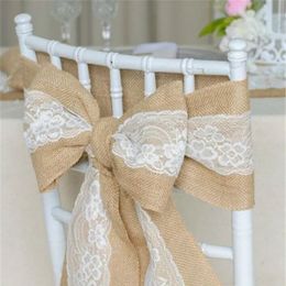 Wedding Decorations 240 x 15cm Lace Bowknot Burlap Chair Sashes Natural Hessian Jute Linen Rustic Cover Tie Bowknot for Decor DIY Crafts