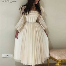 Basic Casual Dresses Sulead dress Dubai beige short Arabic evening dress long sleeved square neckline tea long Midi womens wedding party dress Q240322