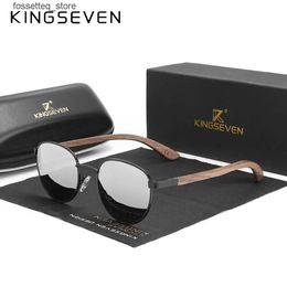 Sunglasses KINGSEVEN Vintage Sunglasses Mens Wooden Polarised UV400 Blocking Round Frame Glasses Mirror Lens Women Handmade Eyewear L240322