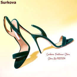 Sandals Surkova Dark Green Red Velvet Thin high Heel Sandals Single Band Elastic Slingback Dress Pumps Slipon Evening Shoes Size46