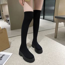 Boots Lucyever Chunky Platform Thigh High Boots Women Autumn Winter Stretch Knitting Socks Boots Woman Thick Bottom Long Botas Mujer