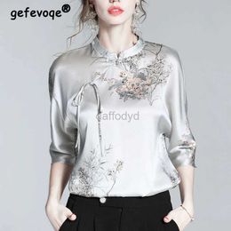 Women's T-Shirt Summer womens high-quality satin Chinese retro printed shirt with fashionable lace standing neck V-neck half sleeved top 240322