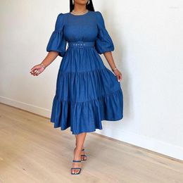 Party Dresses 2024 Solid Simple Casual Sweet Office Lady Style Round Neck Half Sleeve Nature Women Denim Long Loose Dress