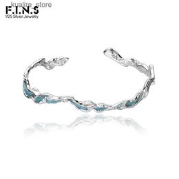 Charm Bracelets F.I.N.S Irregular Mint Blue Enamelled S925 Pure Sterling Silver s Texture Open Bangle Wrist Fine Fashion Jewellery Woman L240322