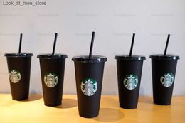 Mugs Tumblers Starbucks 24oz/710ml Plastic Tumbler Reusable Black Drinking Flat Bottom Cup Pillar Shape Lid Straw Mug 30 pieces free DHL Q240322