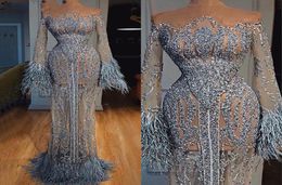 See Through Feathers Sequined Prom Dresses Dubai Illusion Long Sleeve Robe De Soiree Luxury Mermaid Evening Gowns Special Occasion6313446