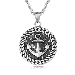 Pendant Necklaces European And American Personalised Vintage Navy Wind Ship Anchor Cuban Chain Round Hanging Tag Stainless Steel Necklace