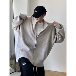 Autumn and Winter Stand Up Collar Lazy Style Zippered Knit Cardigan Oversized Loose Casual Solid Colour Thickened Sweater Jacket for Boys Trend