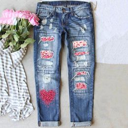 Women's Jeans Valentine Love Printed Holes Casual Denim Pants Mod Mom