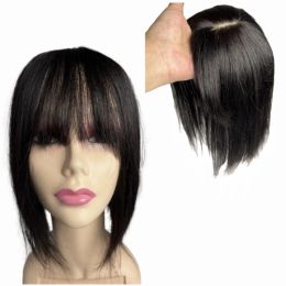 Toppers Real Human Hair Toppers With Bangs Straight Fringe Clip In Natural Extensions Hairpieces Cover White Grey Hair Loss For Women