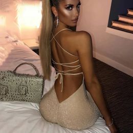 High Split Midi Dress Sexy Lady Long Glitter Backless Dres Sleeveless Bandage Party Spaghetti Strap Bodycon 240308