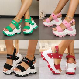 2024 Positive Women's plus-size sandals with wedge soles, thick heels, round head, open toe letter, one-line buckle GAI 35-43