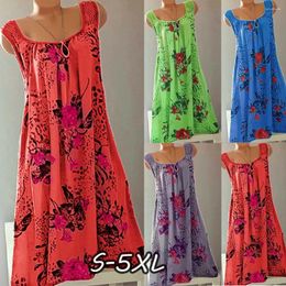 Casual Dresses Plus Size Floral Print Short Female Lace Panel U Neck Loose Fit Beach Dress Straight Midi Summer Robe