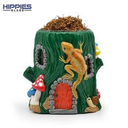 1pc,4.5in,Handmade Kneading Polymer Clay Tobacco Canister With Tree House,Borosilicate Glass Smoking Ashtray With Lizard & Mushroom,Tobacco Jar With Bamboo Lid