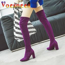 Boots Purple Knitting Long Tube Boots Autumn And Winter New Pointed Toe Women Shoes 8.5CM Fashion Model High Heels Pumps 2023 Hot Sell