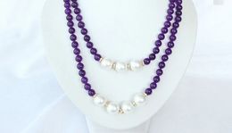 long 40 8mm round Purple crystal 14mm white sea shell pearl necklace 240315