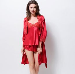 Red Satin Silk Pyjamas Female Lace Pyjama Sets Sexy Emulation Silk Pijama Set ThreePiece RobeSuspendersShort 32152264378