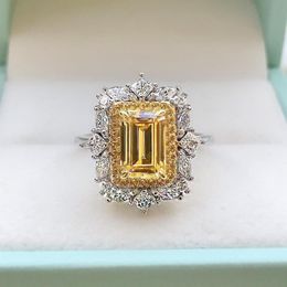 Cluster Rings 100% 925 Sterling 6 9MM Silver Emerald Cut Citrine Created Gemstone For Women Wedding Bands Engagement Ring2009