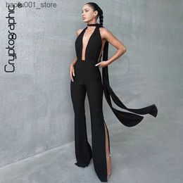 Basic Casual Dresses Cryptographic Deep V Wrap Around Halter Sexy Backless Flare Pants Jumpsuits Fashion Outfits for Women One-Piece Rompers Overalls Q240322