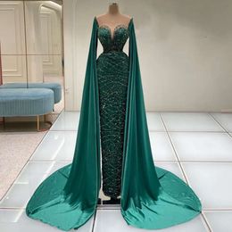 Cape Hunter Green Long Sleeves Evening Dresses Arabic Dubai Mermaid Beaded Elegant for Women Prom Party Gown