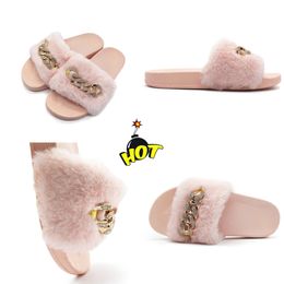 2024 NEW Positive In stock autumn and winter chain flash diamond fluffy slippers indoor and outdoor fluffy flat warm flip-flops