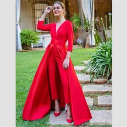 Rote Satin-elegante Jumpsuits-Abendkleider bodenlanges Abendkleid mit langen Ärmeln, rückenfrei, Party-formales Kleid Robe De Soiree