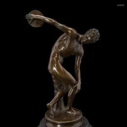 Decorative Figurines 33 CM Western Art Deco Bronze Naked Man Boy Sports People Discus Throw Sculpture