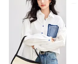 Women's Blouses Fashionable Denim Patchwork White Shirt For 2024 Spring Clothing Niche Pure Cotton Top