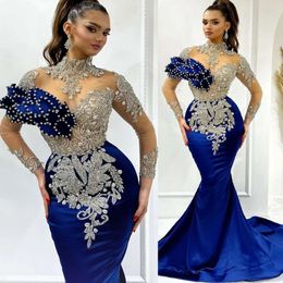 Beaded EBI Arabic Aso Crystals Prom Dresses spets sjöjungfru Royal Blue Evening Formal Party Second Reception Födelsedagsengagemang Klänningar ZJ