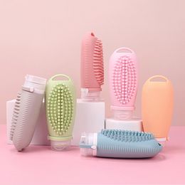 2 In 1 Silicone Refillable Empty Shampoo Bottle Liquid Hand Soap Lotion Container Dispenser Bath Shower Brush Hair Scalp Massager Scrubber Exfoliator Travel HW0213