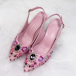 Dress Shoes Pink Leather Crystal Gem Jewellery Pointed Toe Slingback Floral Printed Shallow Celebrating Bride Heels