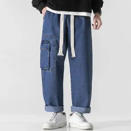 Men's Jeans Men Summer Casual Elastic Drawstring Waist Straight Wide Leg Denim Pants Multi Pockets Design Long Trousers Streetwear