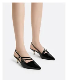Dress Shoes Black Pointed Toe Zapatos Thin Heel Metal Buckle Chalas Mujer Patent Leather Heels Women Spring