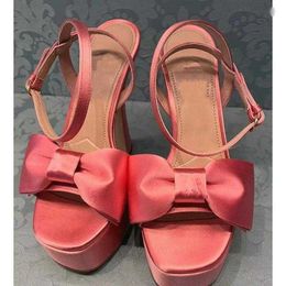 Sandals Satin Bow Platform Square Toe Block Heel Woman Summer Hollow Open Buckle Slingback High Shoes For Women