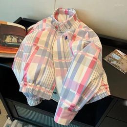 Jackets American Plaid Embroidered Polo Collar Jacket For Girl Autumn 2024 College Retro Baseball Top Kids