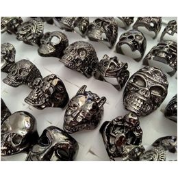 Band Rings 30Pcs Big Head Design Mixed Mens Black Or Dark Gray Skl Skeleton Gothic Punk Rocker Cool Ghost Unique Vintage Ret Dhgarden Dhcdi