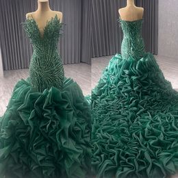 Attractive Mermaid Prom Dresses Sequins Beads Pleats Tiered Sweep Train Lace Up Backless Ruffle Custom Made Shining Party Evening Dress Vestido De Noite