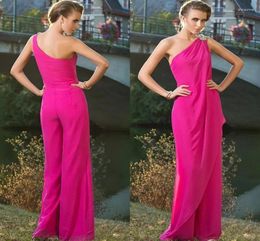 Party Dresses Chic Modern Fuschia Women Formal Evening Dress Jumpsuits One Shoulder Floor Length Chiffon Prom Gown Vestidos De Feast