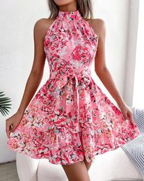 Casual Dresses Women's Party Dress 2024 Spring/summer Latest Mock Neck Sleeveless Ditsy Floral Print Tie Detail Ruffle Hem A Line Skirt