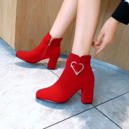 Boots Cow Suede Ankle Modern Boots 2023 Hot Sale Square Heel Ladies Shoes Winter Adult Round Toe Metal Decoration Women's Boots