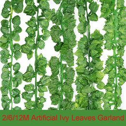 Decorative Flowers 2/6/12m Artificial Plant Green Ivy Leaf Fake Foliage Hanging Vine Leaves Garland For Wedding Party Home Garden Wall