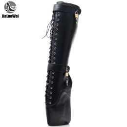 Boots 18cm Extreme High Heel Fetish Sexy Wedges Laceup Heelless Ballet Boots unisex Lockable KneeHigh Boots