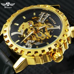 Winner Fashion Auto Mechanical Mens Watches Top Brand Luxury Golden Skeleton Dial Crystal Number Index Business Wrist Watch Men 20240L